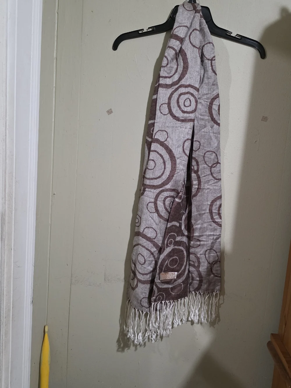 pashmina Light Gray and Brown Circular Pattern Fringe Wrap